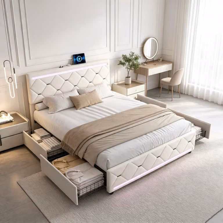 Letto imbottito INONEFT, 160x200 cm, con USB e LED, letto per ragazzi/matrimoniale con 4 cassetti, letto matrimoniale contenitore con rete a doghe, in velluto, color beige