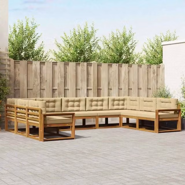 Set di divani da esterno a L vidaXL in legno di acacia con cuscini beige e sabbia – 1