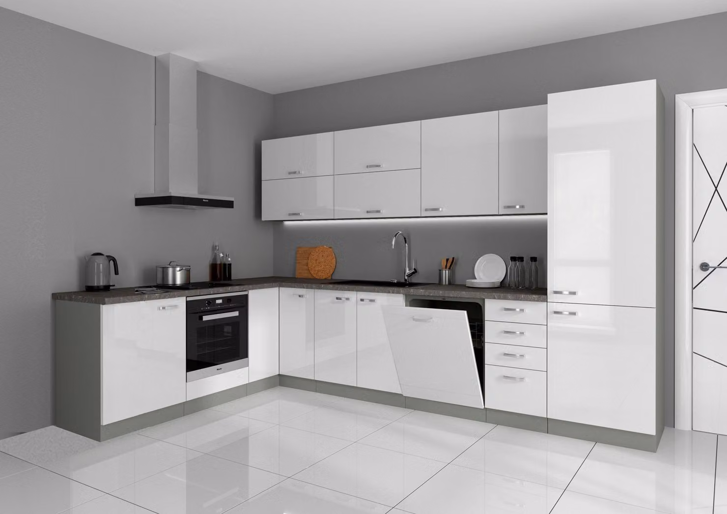 Cucina angolare Bianca I 210x330 cm Mobile cucina in bianco lucido Blocco cucina