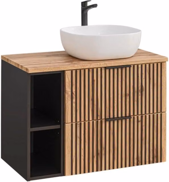 Insieme KINOKO: mobili sotto lavabo 80cm + piano lavabo + lavabo da appoggio quadrato arrotondato bianco