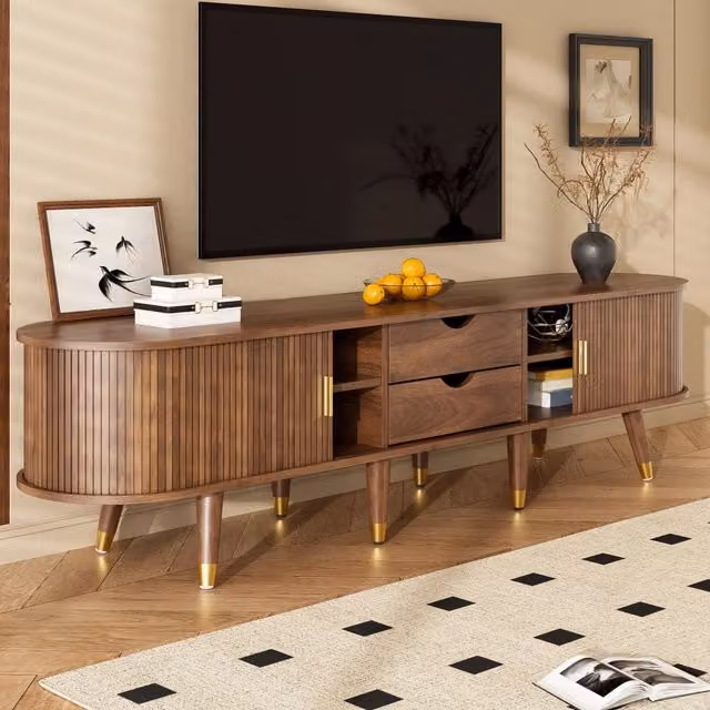 Mobile TV con porta scorrevole in rattan vani aperti e cassetti in MDF effetto noce 175 × 38 × 45 cm