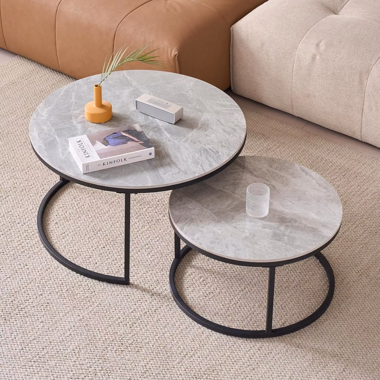 Set di tavolini da divano, forma rotonda, piano in ardesia grigia, struttura in metallo, dimensioni 80x60x45 cm, confezione da 2