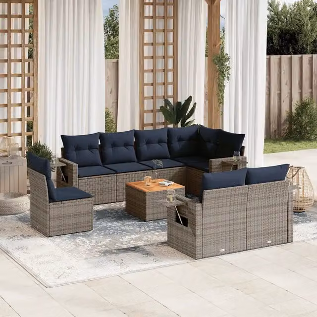 Set Divani da Giardino 9 pz con Cuscini Grigio in Polyrattan 3224661