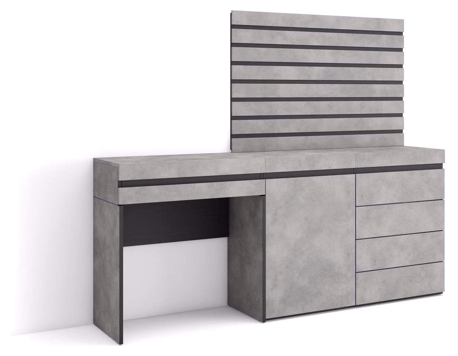 Scrivania con parete a lamelle, dimensioni 177x145x35 cm, 4 cassetti, colore cemento