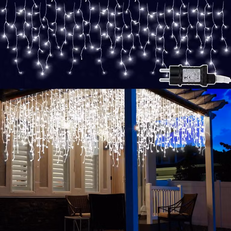 Jayseuw 10M 200LEDs pioggia di ghiaccio catena luminosa bianco freddo, finestra tenda luminosa con 8 modalità, illuminazione natalizia festa balcone giardino decorazione