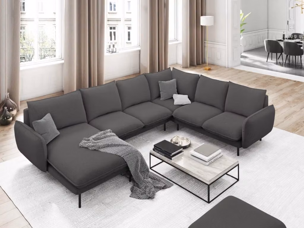 Divano panoramico destro Vienna Cosmopolitan Design a 7 posti in tessuto grigio con struttura in metallo L: 330 cm, P: 158 cm, H: 95 cm – 2