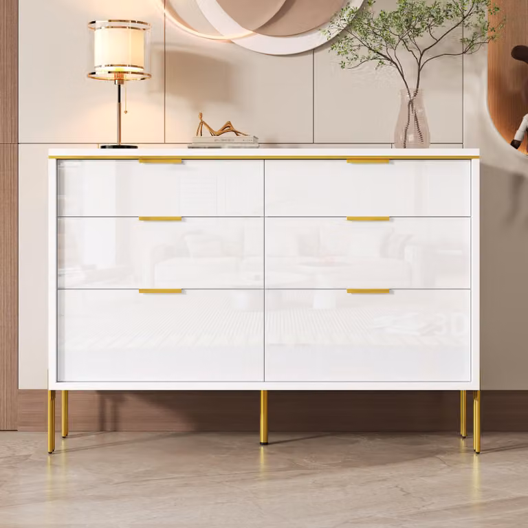 Credenza moderna Merax con 6 cassetti in bianco e oro, cassettiera con frontali lucidi, mobile contenitore per soggiorno e corridoio, bianco