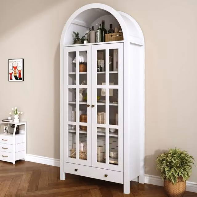 Vetrina da terra moderna con ante in vetro e ripiani interni in MDF bianca L: 75 cm, P: 35 cm, H: 170.5 cm