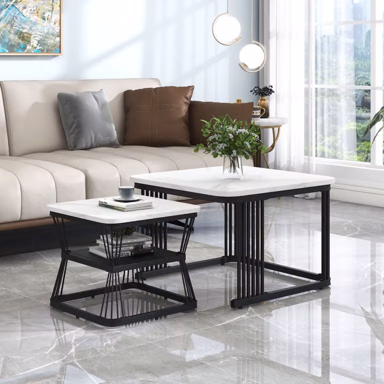 Set di 2 tavolini Merax con motivo in marmo e struttura in metallo, tavolino da caffè, 65x45cm+45x39,5cm, nero/bianco