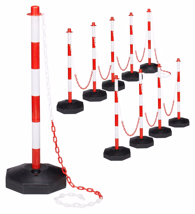 Relaxdays, pali di delimitazione, confezione da 10, con catena, in plastica, base riempibile, dimensioni: 82x28x28 cm, pali con catena, colore rosso/bianco