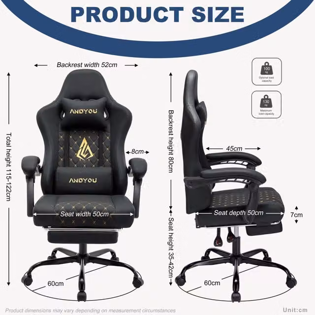Sedia da Gaming ANDYOU Ergonomica in Pelle PU Nero con Braccioli e Poggiatesta Regolabile per Ufficio e Casa – 1