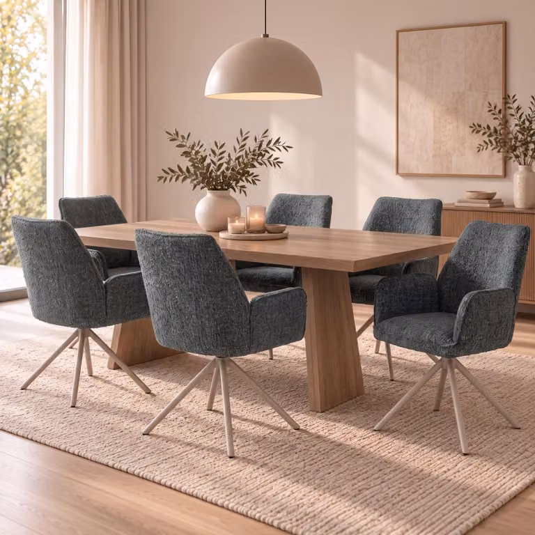 Set di 6 sedie da pranzo modello HWC-G67, girevoli, con meccanismo di auto-regolazione, rivestite in tessuto chenille (410g/m²), struttura color crema, imbottitura verde