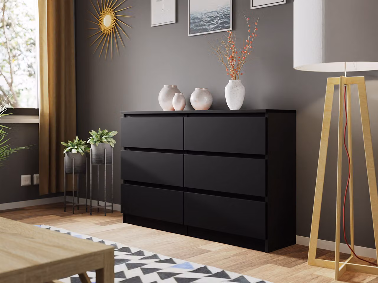 Mirjan24 Comodà Malwa M6 120, elegante credenza a 6 cassetti, mobile alto per camera da letto, collezione Modern (nero)