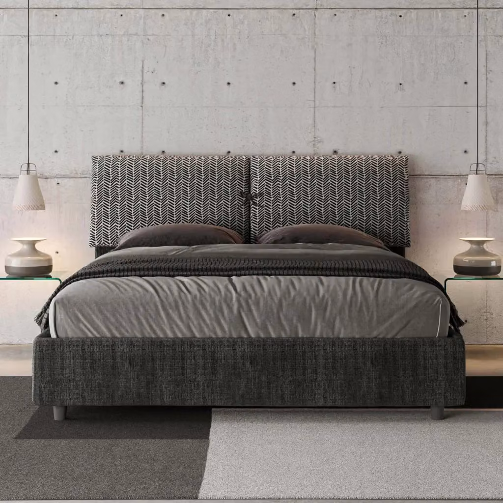 Letto Matrimoniale Moderno Giordanoshop con Struttura Imbottita in Tessuto Grigio e Design Geometrico L: 175 cm, P: 110 cm, H: 202 cm – 2