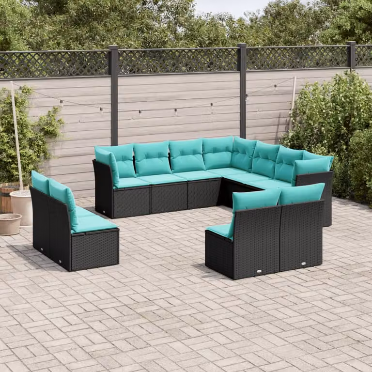 Set di divani da giardino vidaXL 11 pz a forma di U in polyrattan nero con cuscini inclusi e coperture rimovibili