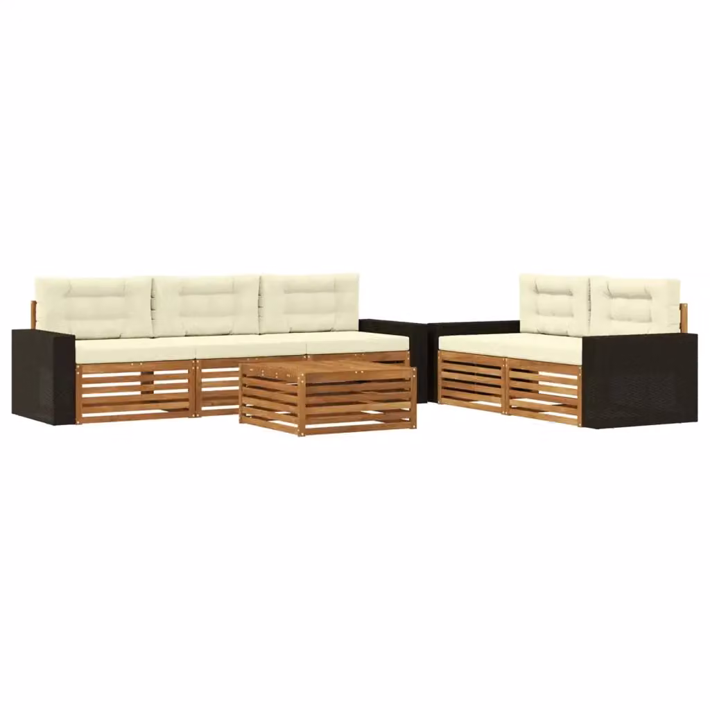 Set di divani da esterno a L con tavolino vidaXL in legno di acacia, 6 pezzi, beige e bianco – 2