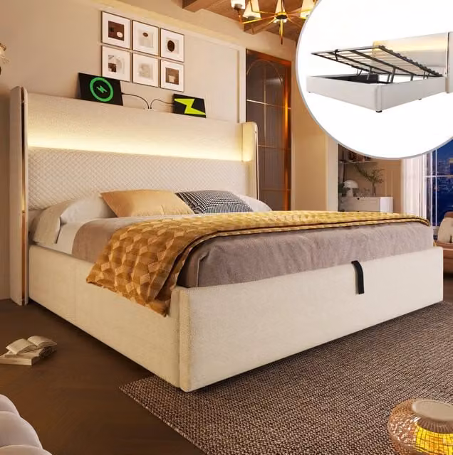 Letto matrimoniale 180x200 cm con LED, ricarica USB/Type-C e vano contenitore beige