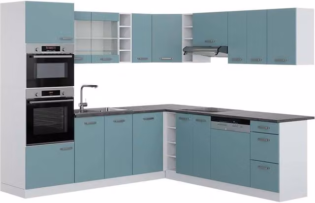 Cucina angolare completa R-Line Vicco in stile moderno, Grigio-blu/Bianco con piano Antracite, L/P/H: 247 x 237 x 60 cm – 1