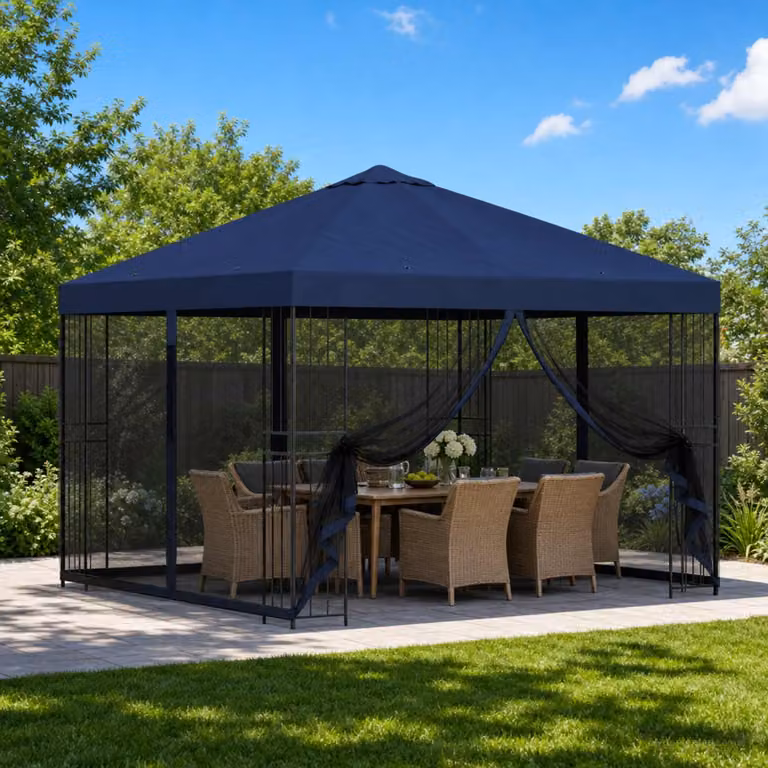 vidaXL Gazebo da giardino con pareti laterali e finestre in poliestere, Blu, L/P/H: 300 x 300 x 276,5 cm