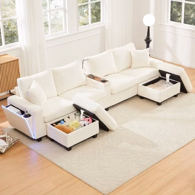 Divano panoramico a U Mivray in velluto a coste beige con illuminazione LED, ricarica USB Type-C e porta bicchieri, L: 334 cm, P: 81 cm, H: 128,5 cm