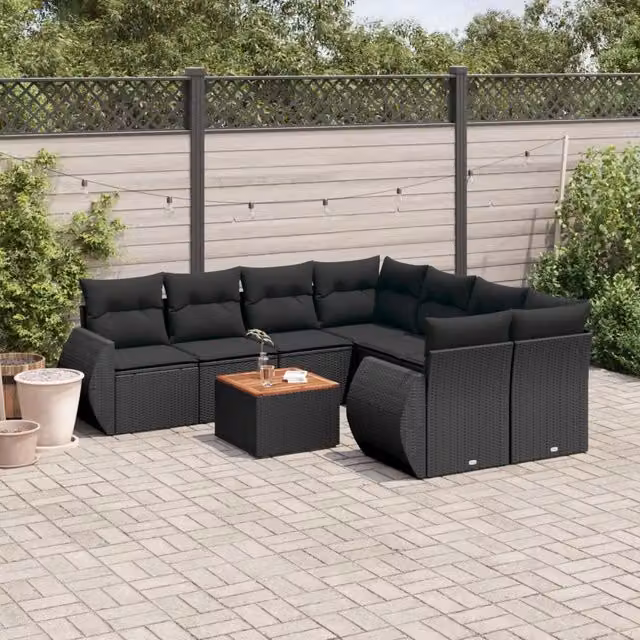 Set Divani da Giardino 9 pz con Cuscini Nero in Polyrattan 3257259