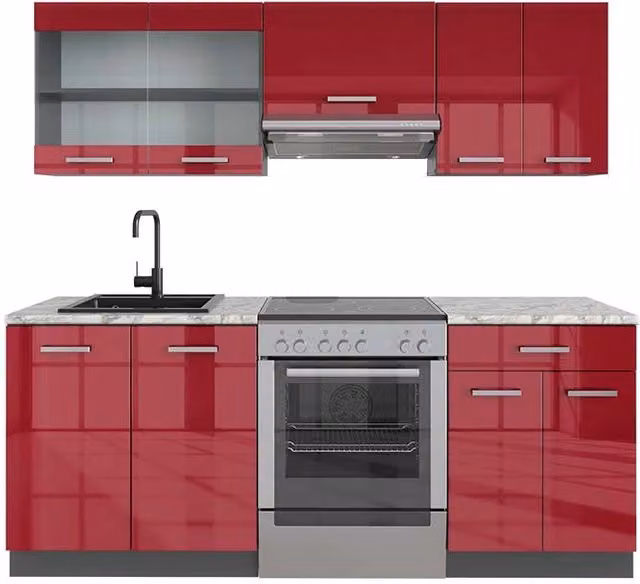Cucina componibile moderna Vicco R-Line Rosso lucido e Antracite, L: 200 cm