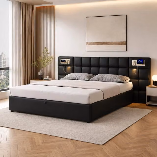 Letto contenitore Mivray con testiera imbottita, ricarica USB e luce di lettura integrata, rivestimento in ecopelle nero, L: 180 cm x P: 200 cm