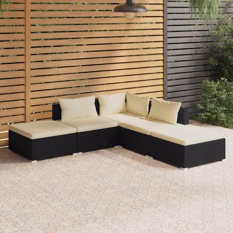 Set Divani da Giardino vidaXL 5 Pezzi a Forma di L con Cuscini, Polyrattan e Struttura in Acciaio, Nero e Beige