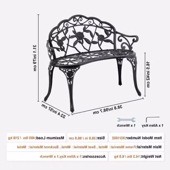 Panca da giardino - Panchine da esterno - Panchine per il giardino - Panca per terrazza - Panca da giardino resistente alle intemperie - Realizzata in legno e metallo - Con poggiatesta - Con braccioli - 40 pollici - Adatta per giardino, terrazza, parco -