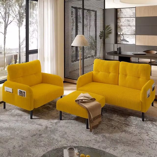 Set 3 pezzi - Xylo - divano+poltrona+pouf cord tubo acciaio giallo