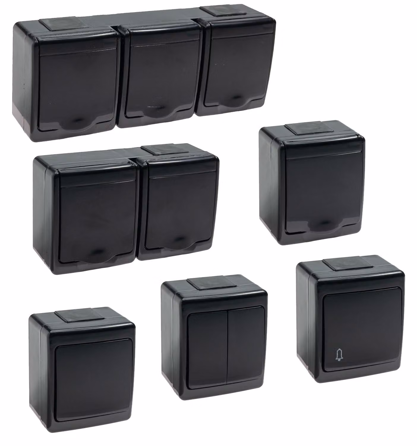 Interruttore a muro nero, grado di protezione IP44, prese multiple da 1 a 3 moduli