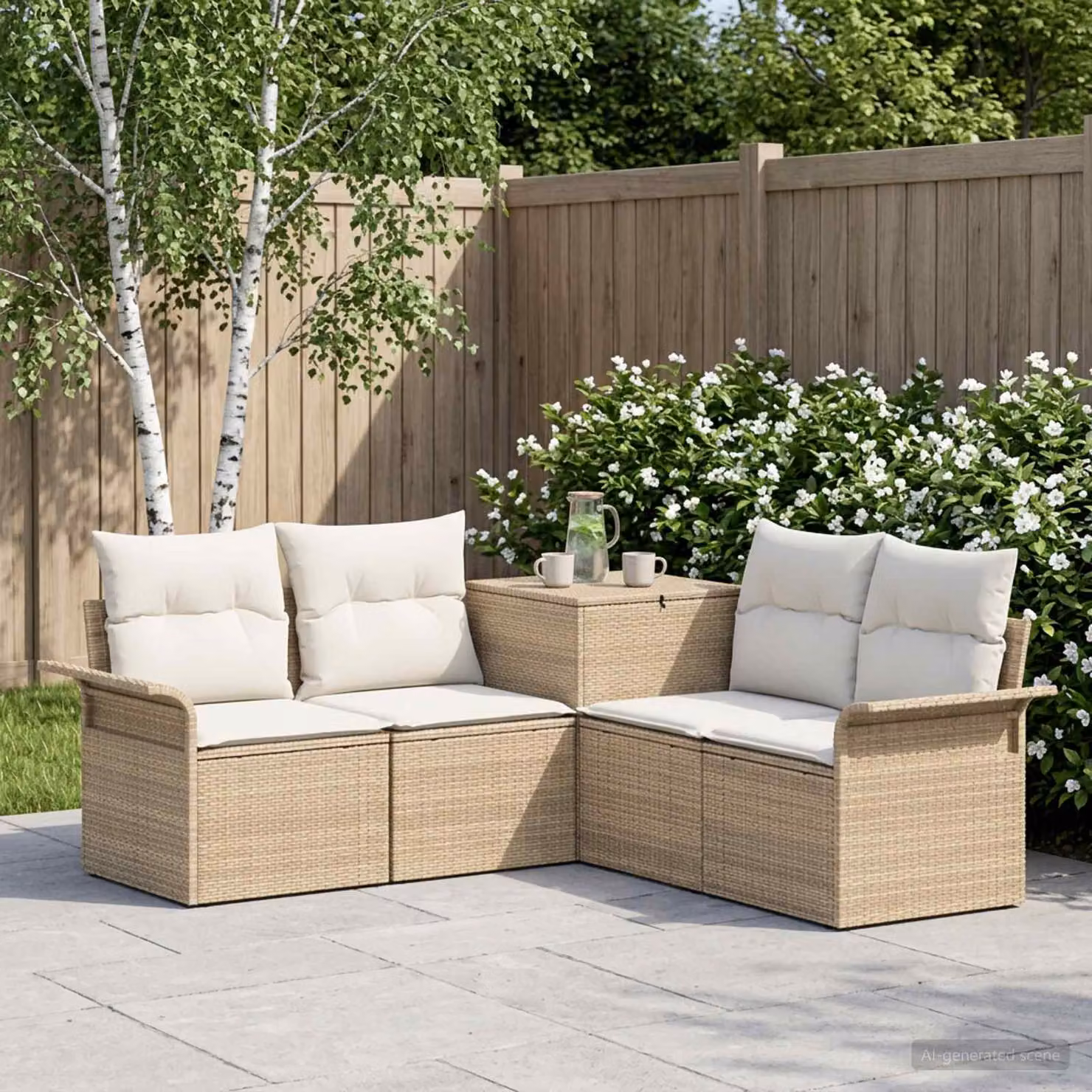 Set di divani da giardino vidaXL a forma di L in polyrattan con cuscini beige e bianco crema