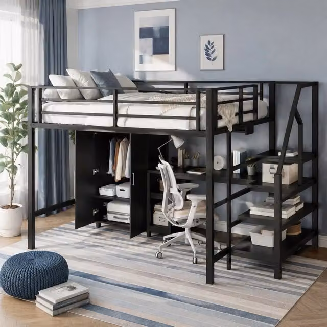 Letto a soppalco ULEVR 140x200 cm con armadio, scrivania, ripiani e scala con vani, nero