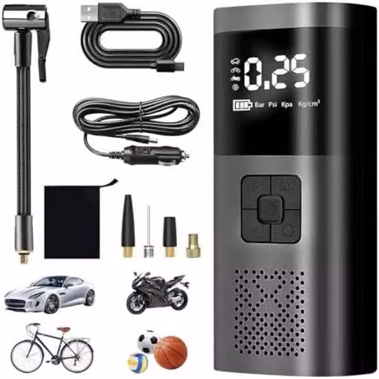 Compressore per pneumatici elettrico con batteria da 6000 mAh e connettore a 12V – Compressore compatto con display digitale, arresto automatico e 4 adattatori per auto, moto, bicicletta e palloncini