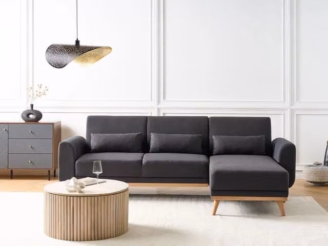 Divano letto ad angolo BELIANI nero con rivestimento in tessuto e gambe in legno di faggio, design moderno con cuscini inclusi e coperture rimovibili, L/P/H: 258 x 147 x 88 cm – 1