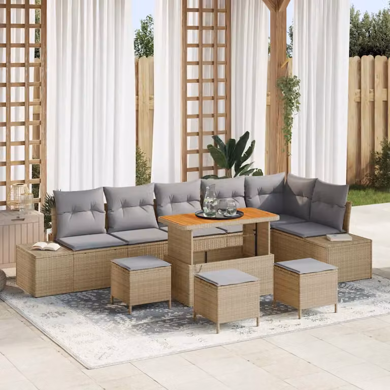 Set Divano da Giardino vidaXL 10 Pezzi a Forma di L Beige con Cuscini e Tavolino in Polyrattan e Acciaio