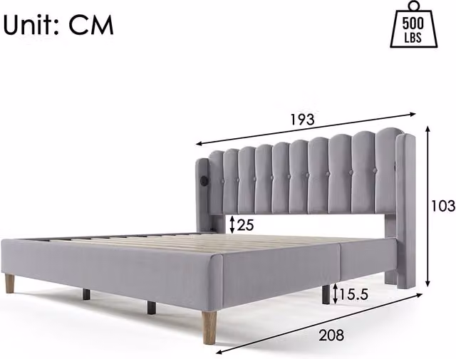 Letto imbottito 180x200 - Xylo - Grigio USB Type C