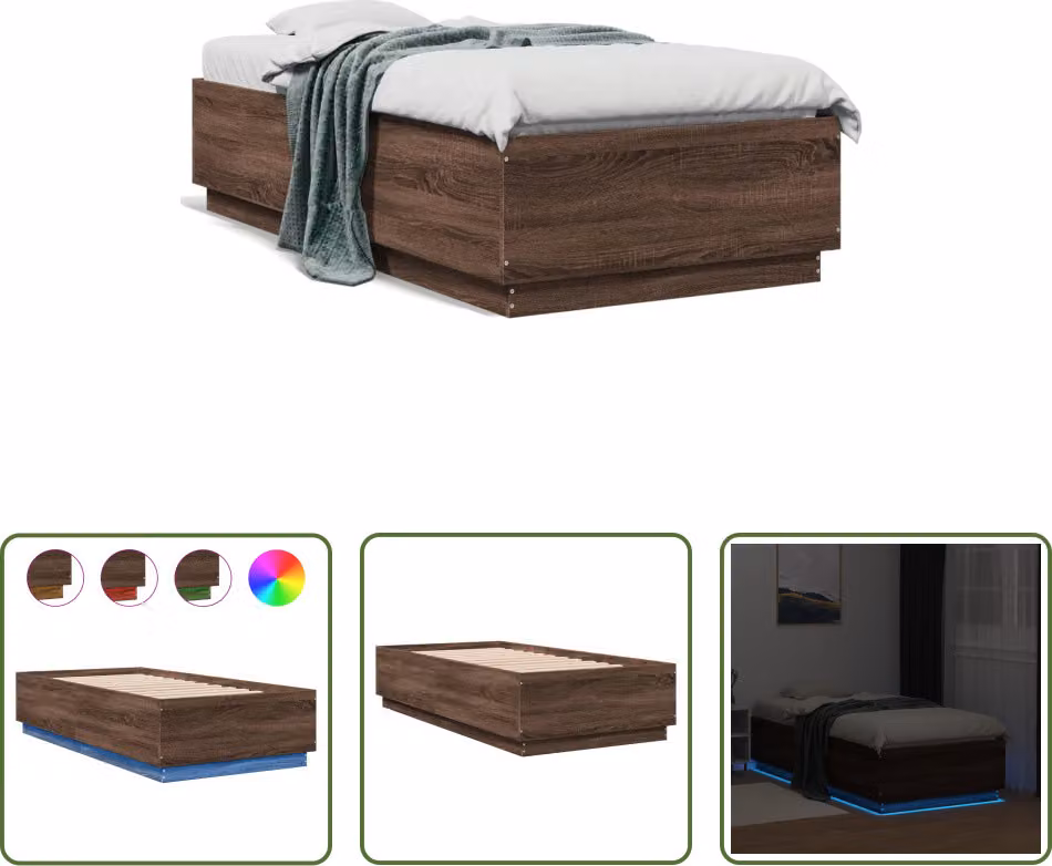 The Living Store Struttura letto con LED effetto rovere marrone 75x190 cm Materiale a base di legno