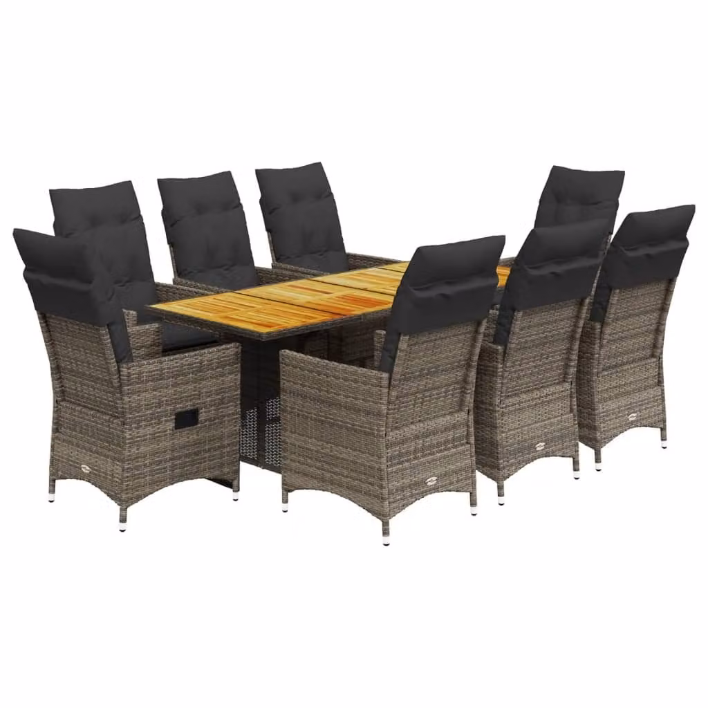 Set da Pranzo da Giardino 9 pz con Cuscini in Polyrattan Grigio