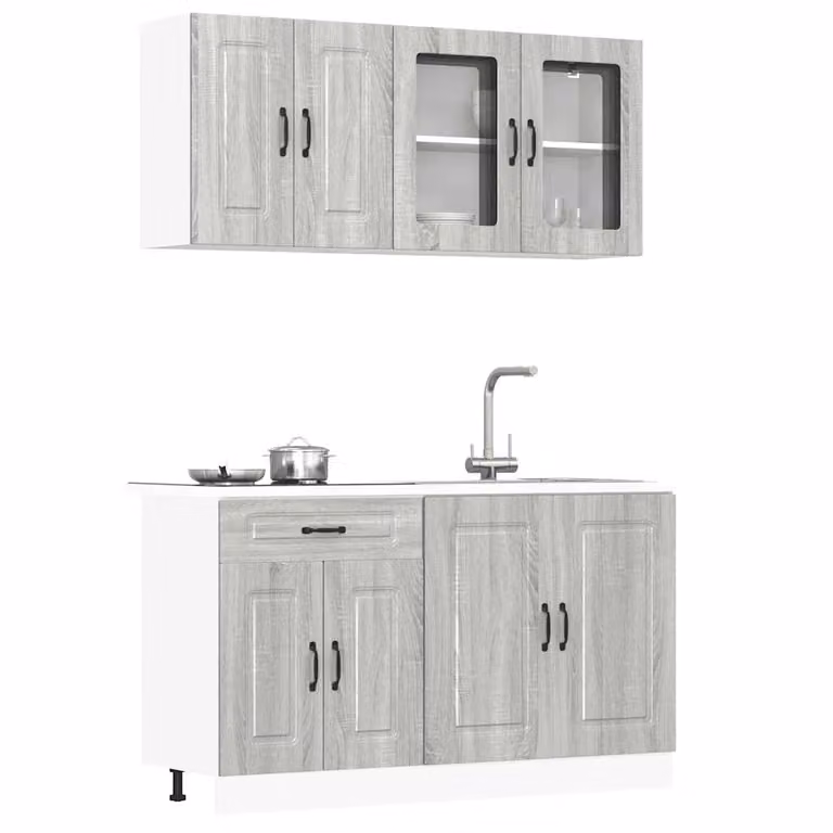 Set di mobili da cucina moderno vidaXL Kalmar composto da 4 pezzi in colore grigio con ante in vetro e ripiani interni