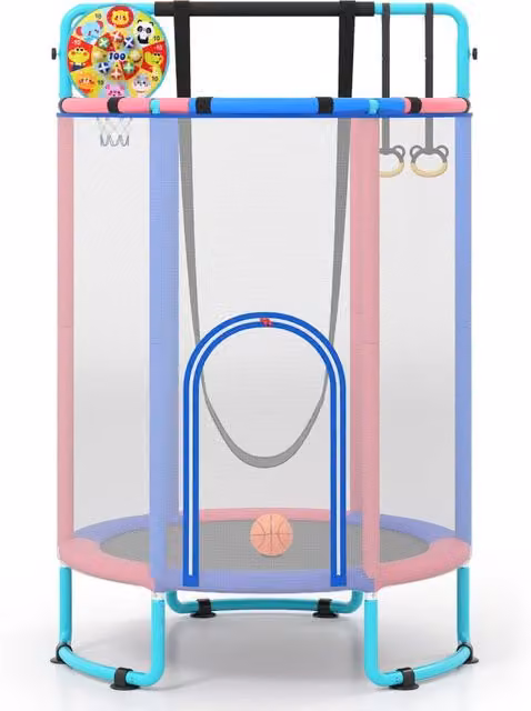 Trampolino 6 in 1 per bambini con rete di sicurezza, altalena, canestro e anelli, uso interno ed esterno, Blu, Diametro: 140 cm