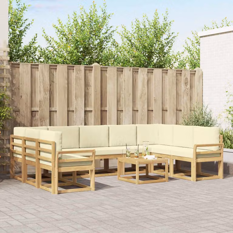Set di divani da esterno vidaXL a forma di L con tavolino da caffè, composto da 10 pezzi in legno di acacia e poliestere resistente ai raggi UV, colori bianco, beige e marrone