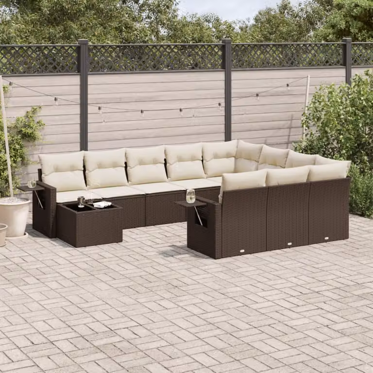 vidaXL Set Divani da Giardino 11 pz a Forma a L con Cuscini Marrone e Bianco