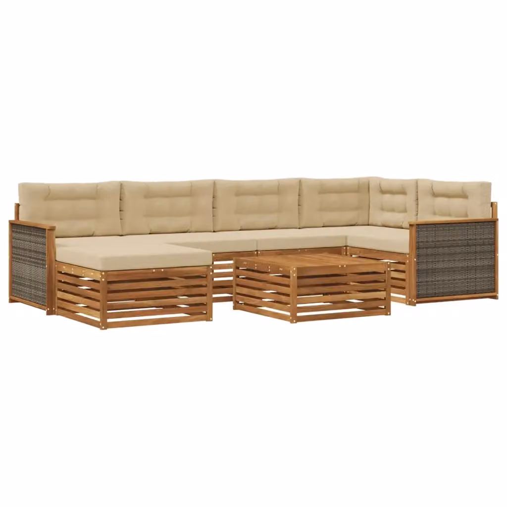 Set di divani da esterno a L con tavolo da caffè e pouf vidaXL, 7 pezzi, in legno di acacia e tessuto beige – 2