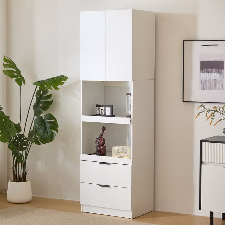 Colonne AIORBER, con protezione antiribaltamento, 2 ripiani scorrevoli aperti e 2 cassetti, stabili, ampio spazio di archiviazione, per camera da letto, soggiorno, 59,5x45x200cm, bianco