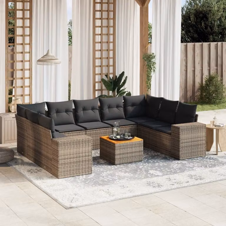 vidaXL Set Divano da Giardino 10 pz a Forma a L con Cuscini Grigio in Polyrattan e Legno di Acacia