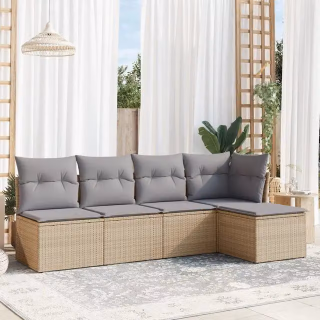 vidaXL Set Divano da Giardino a L 5 pz in Polyrattan con Cuscini Beige e Struttura in Metallo