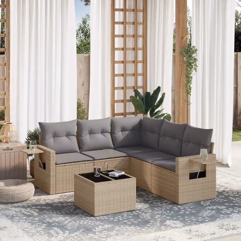 Set Divano da Giardino 6 pz vidaXL con Cuscini Beige e Tavolino in Polyrattan e Metallo