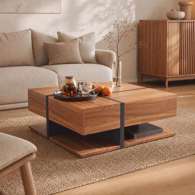 Tavolino da caffè quadrato con 4 cassetti e ripiano inferiore; 78 x 78 x 36 cm; truciolare naturale