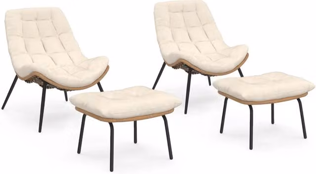 IDMarket - Set di 2 poltrone reclinabili LOA in rattan con cuscini ecrù e poggiapiedi